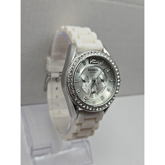 Fossil Riley Womens 40mm Watch White Silicone Glitz Bezel Quartz New Battery WR - Picture 3 of 10